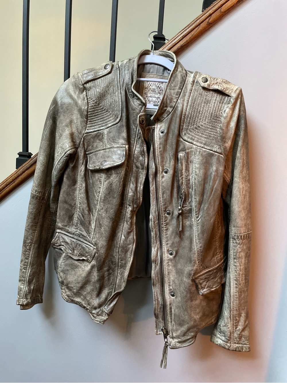 Free People Metallic Taupe Leather Bomber Jacket